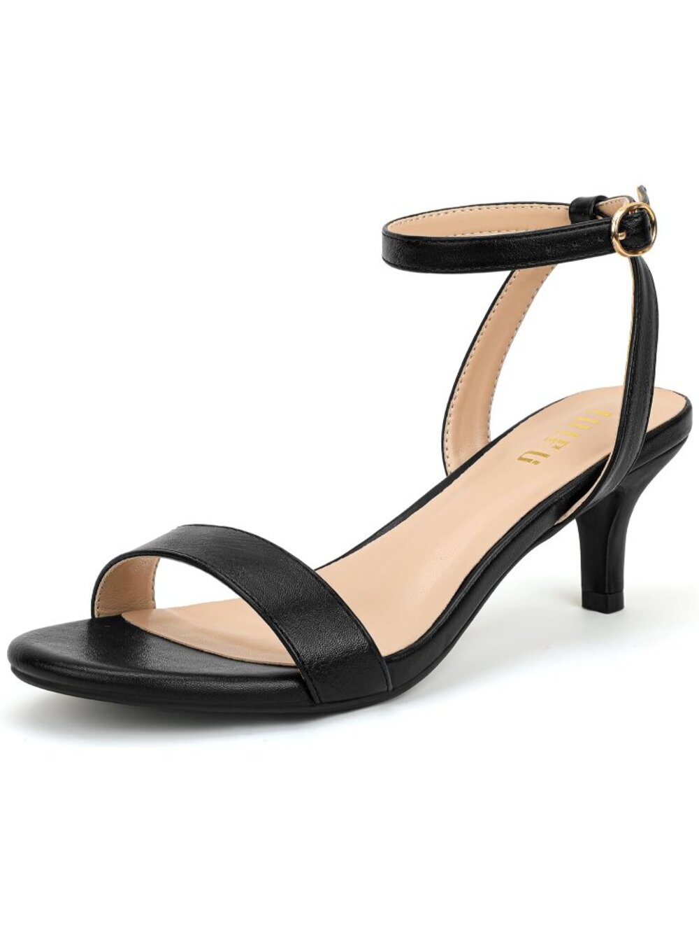 Women's Black Pu Kitten Heels Low Open Round Toe Short Ankle Strap Heel Sandals